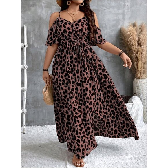 Plus Size Leopard Print Long Dress Cold Shoulder Wrap V Neck Split Thigh - Picture 3 of 6